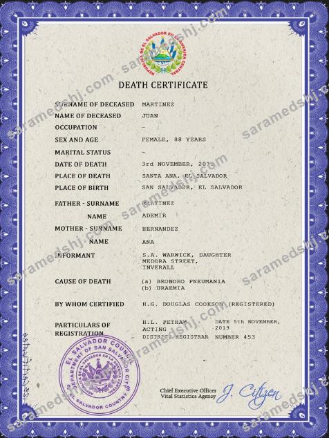El Salvador vital record death certificate PSD template